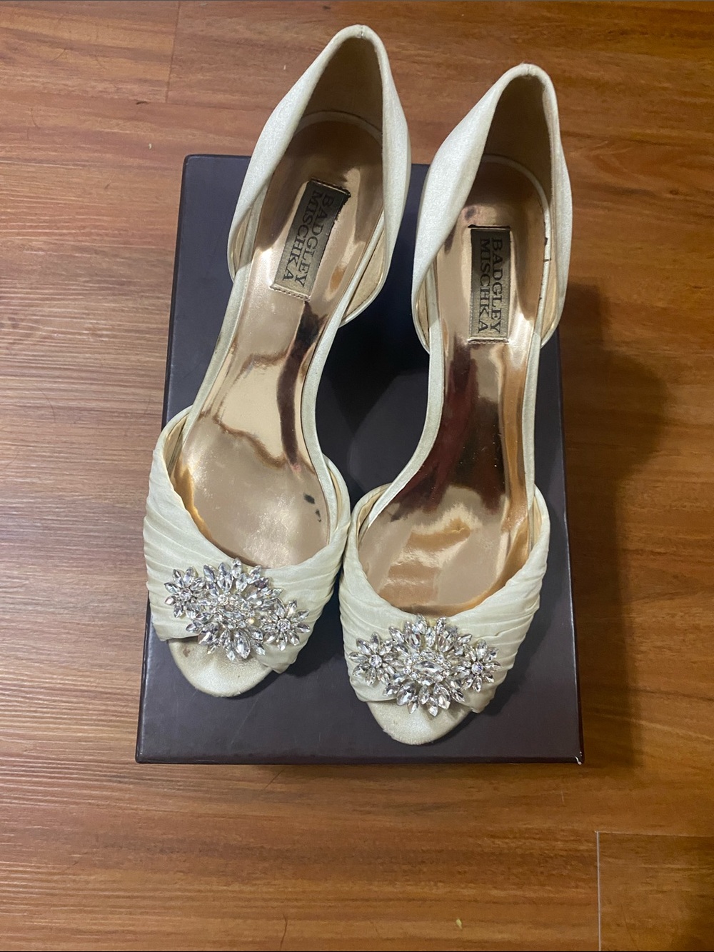 Badgley Mischka Ivory Satin Open-Toe Heels with Crystal Brooch